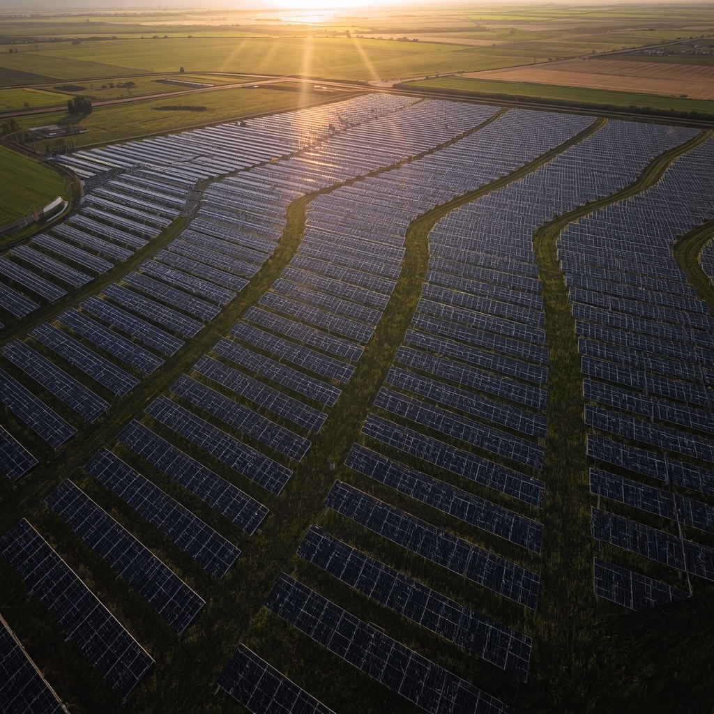 Aerial view of a vast solar farm at sunrise, sunlight reflecting off rows of photovoltaic panels arranged in sweeping curves amid green fields